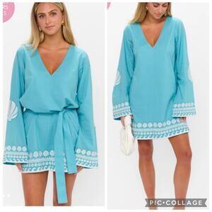 Show Me Your Mumu Malia Mini Dress Blue Capri Shells Small Embroidery Beach Boho